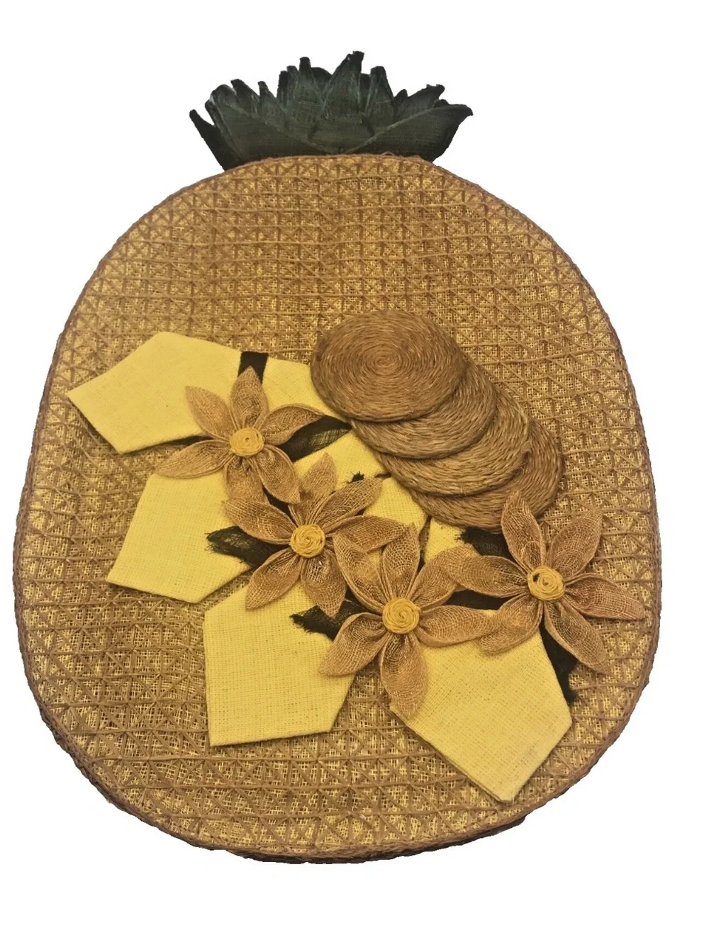 Vintage Woven Pineapple Placemats Set Of 4 Coasters Napkins Flowers Set Tiki Mat
